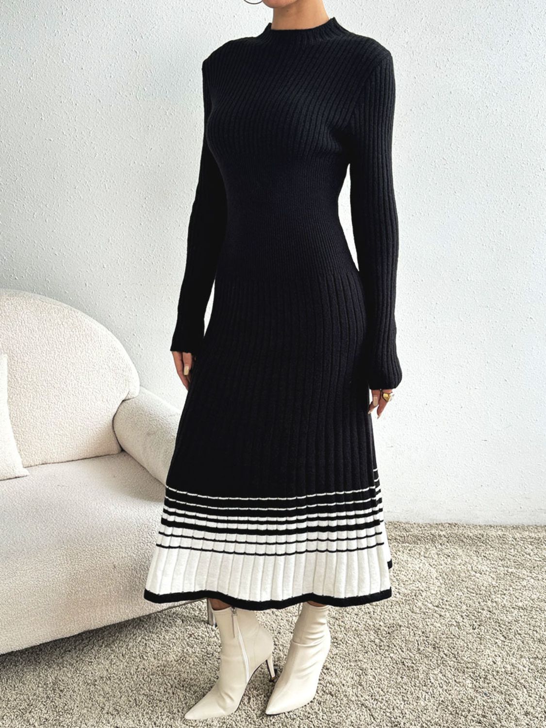 Contrast Mock Neck Long Sleeve Sweater Dress - Siennasass