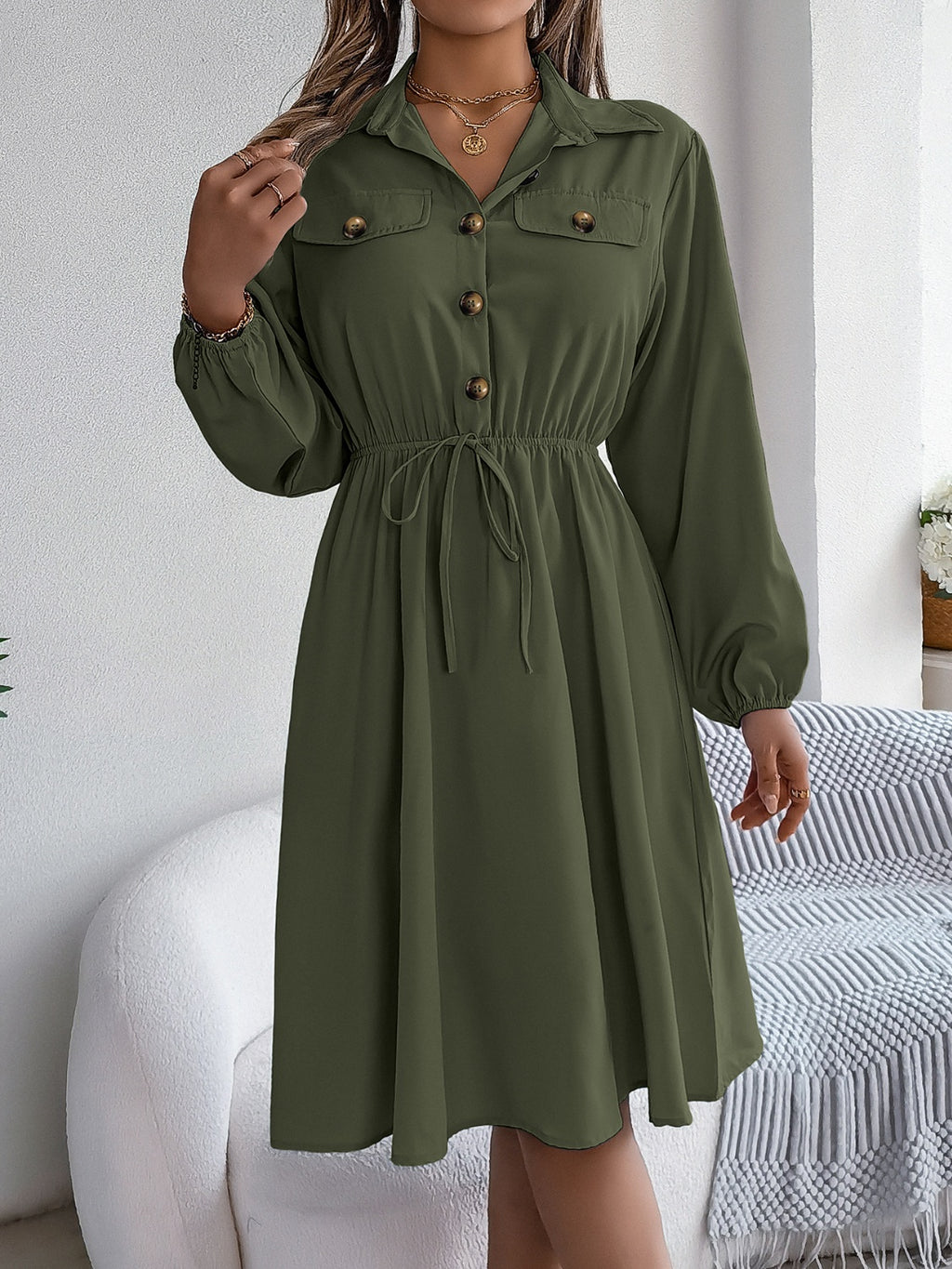 Collared Neck Long Sleeve Dress with Pockets - Siennasass