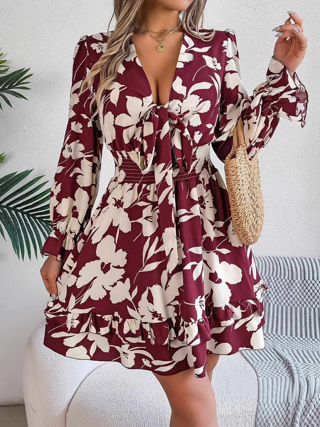 Tied Ruffled Printed Long Sleeve Dress - Siennasass