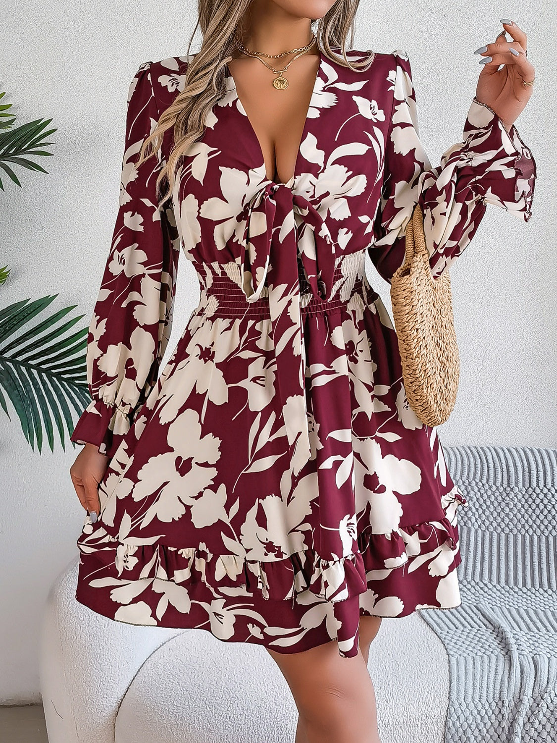 Tied Ruffled Printed Long Sleeve Dress - Siennasass