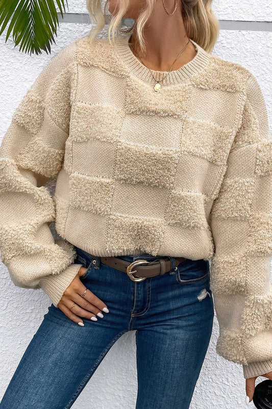 Karierter Pullover mit Rundhalsausschnitt und überschnittenen Schultern