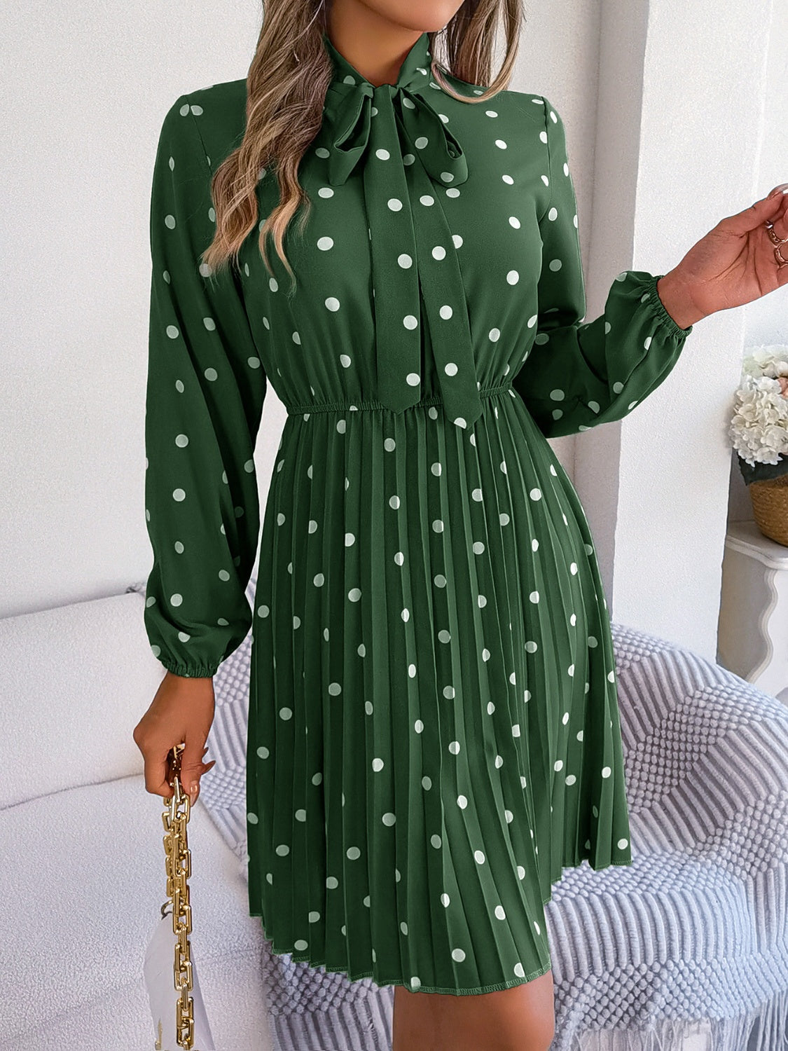 Polka Dot Tie Neck Pleated Dress - Siennasass