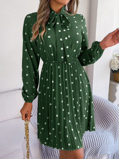 Polka Dot Tie Neck Pleated Dress - Siennasass