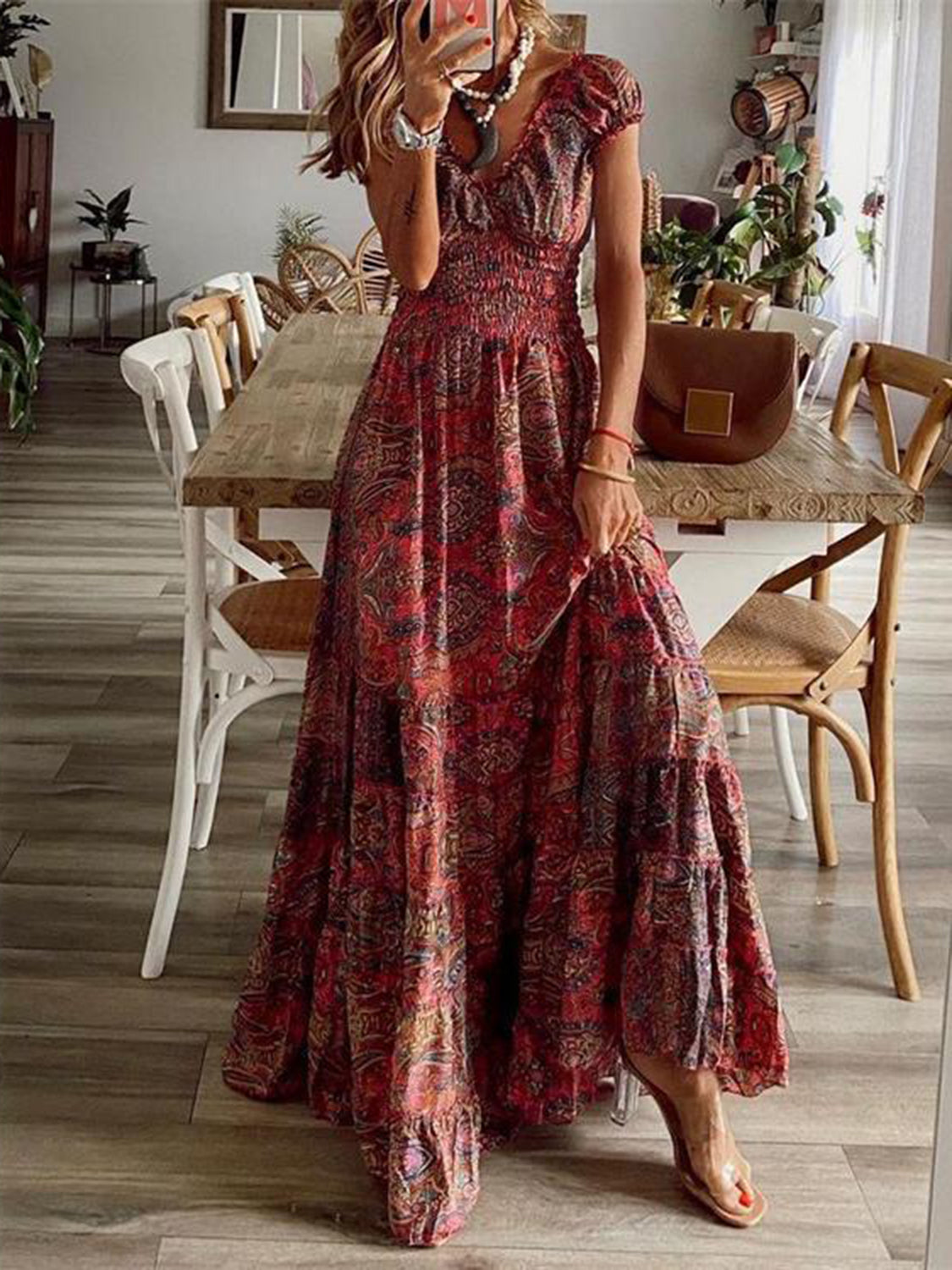 Full Size Smocked Printed V-Neck Short Sleeve Dress - Siennasass
