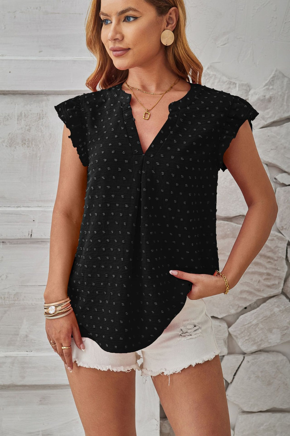 Swiss Dot Ruffled Cap Sleeve T-Shirt - Siennasass