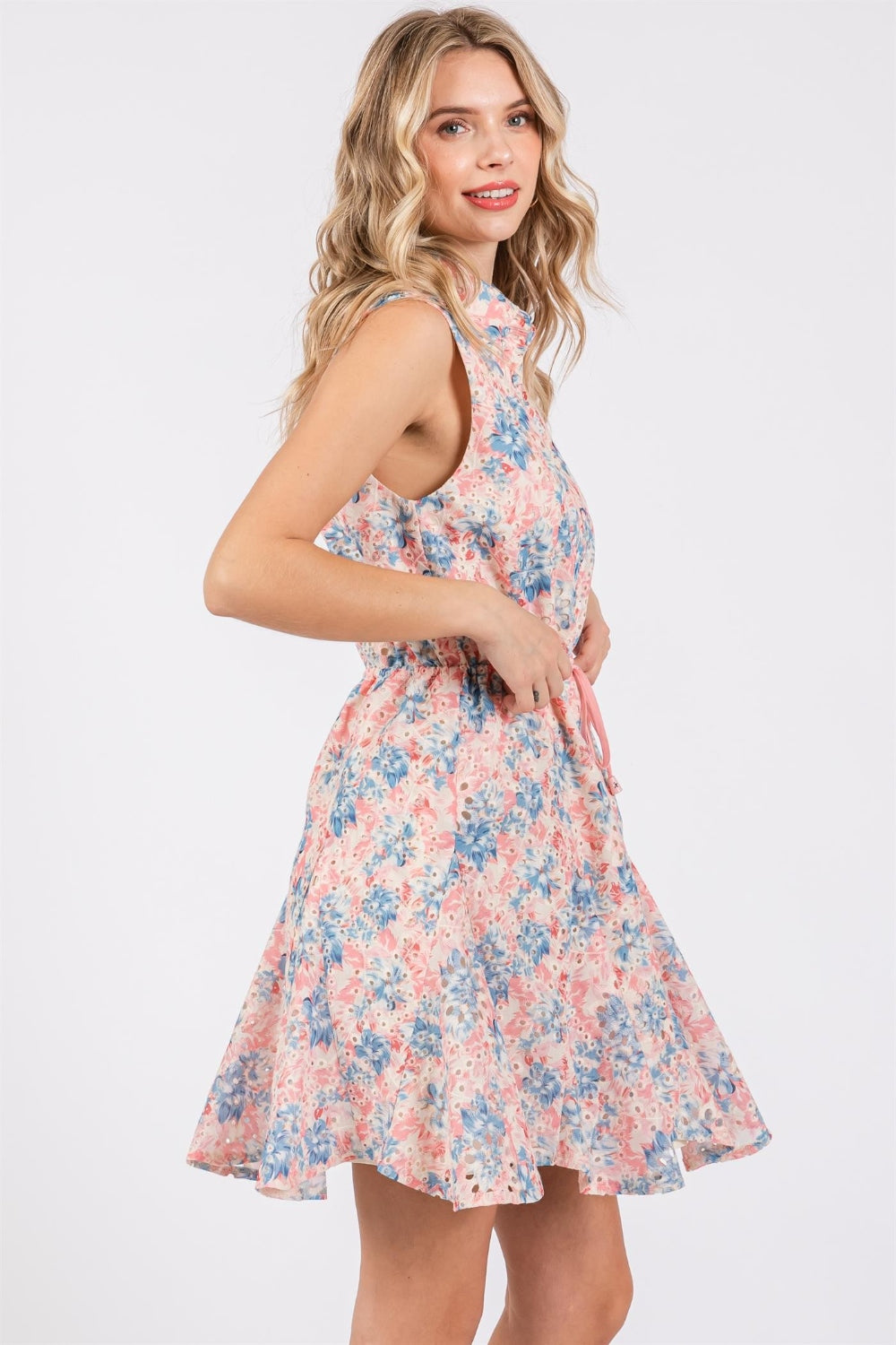 GeeGee Full Size Floral Eyelet Sleeveless Mini Dress - Siennasass