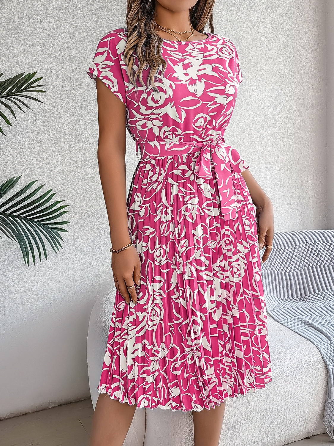 Tied Pleated Printed Short Sleeve Dress - Siennasass