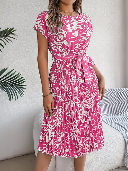 Tied Pleated Printed Short Sleeve Dress - Siennasass
