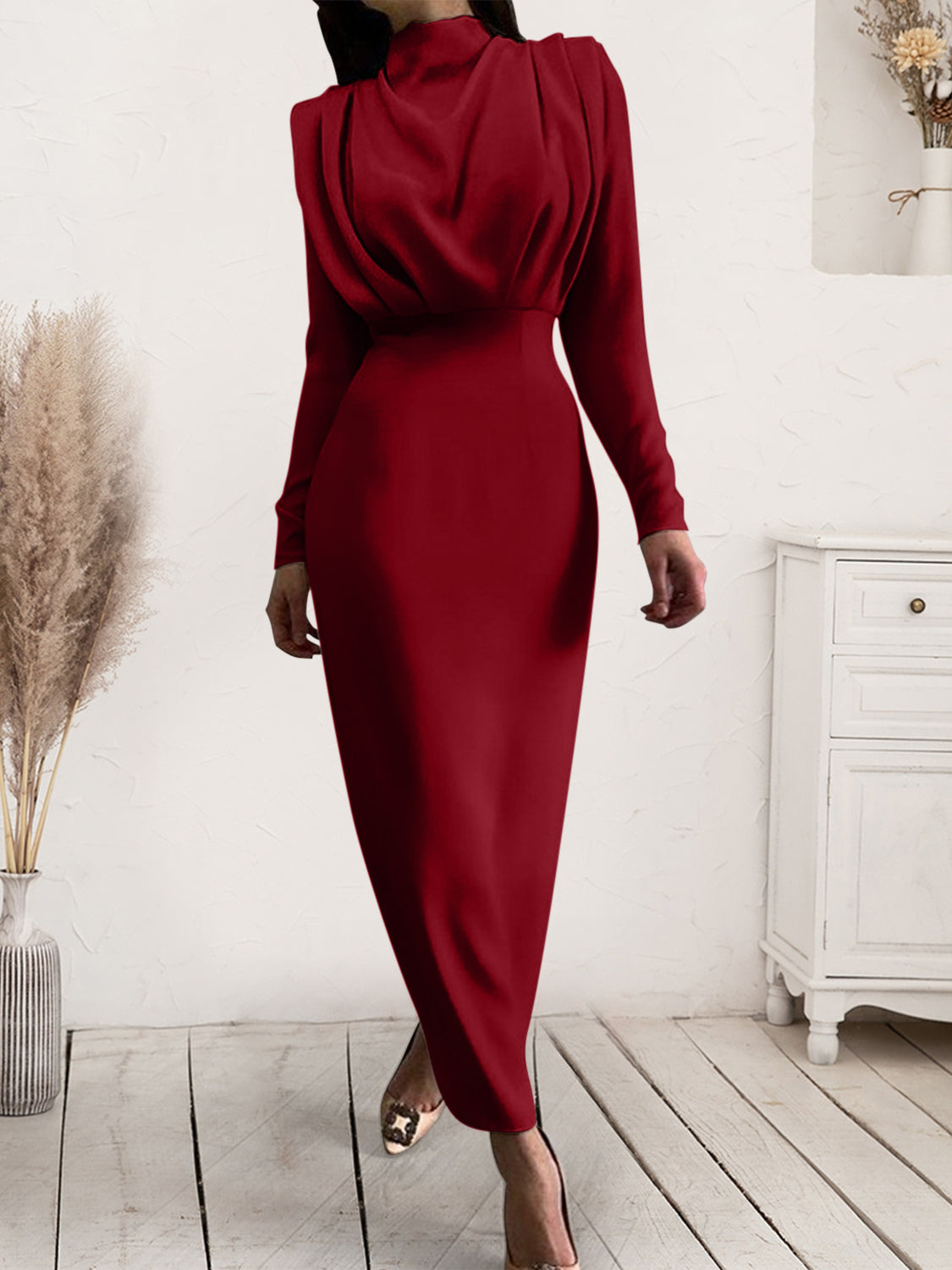 Ruched Turtleneck Long Sleeve Dress - Siennasass