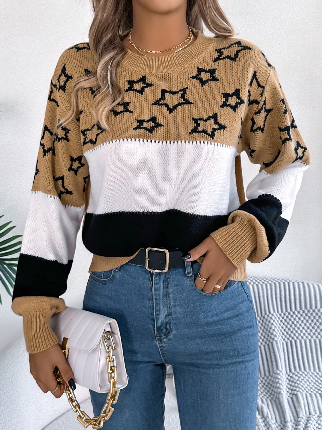 Star Contrast Round Neck Sweater - Siennasass