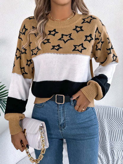 Star Contrast Round Neck Sweater - Siennasass