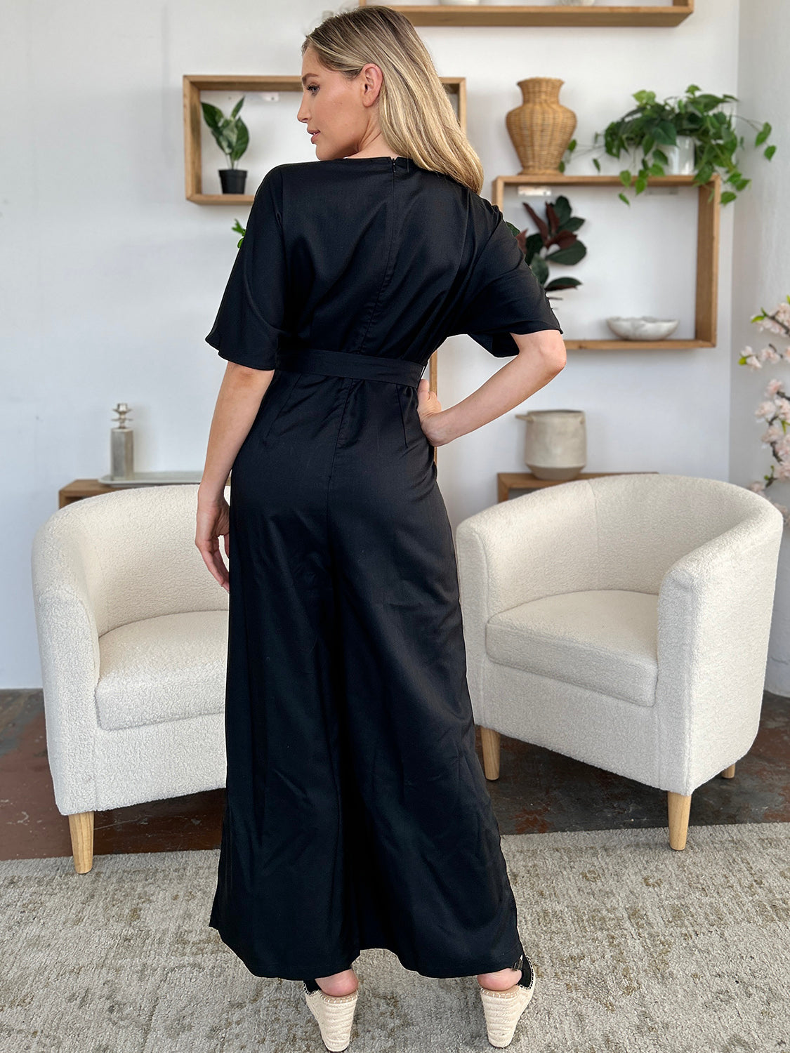 Double Take Full Size V-Neck Tie Front Short Sleeve Slit Jumpsuit - Siennasass