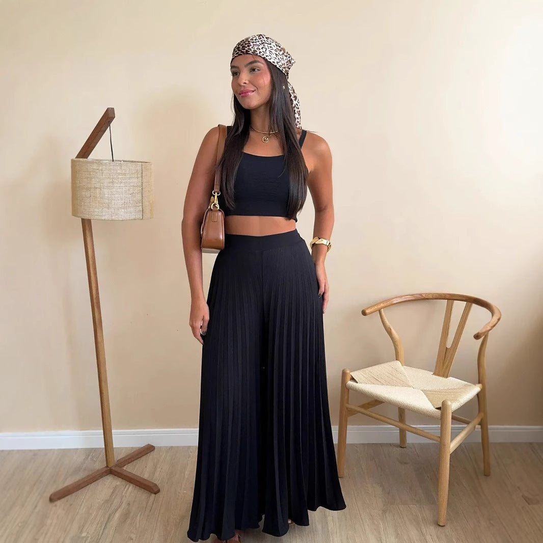 Camisole Pleated Loose Wide Leg Pants Set