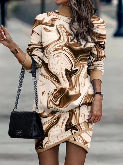Printed Turtleneck Long Sleeve Mini Dress - Siennasass