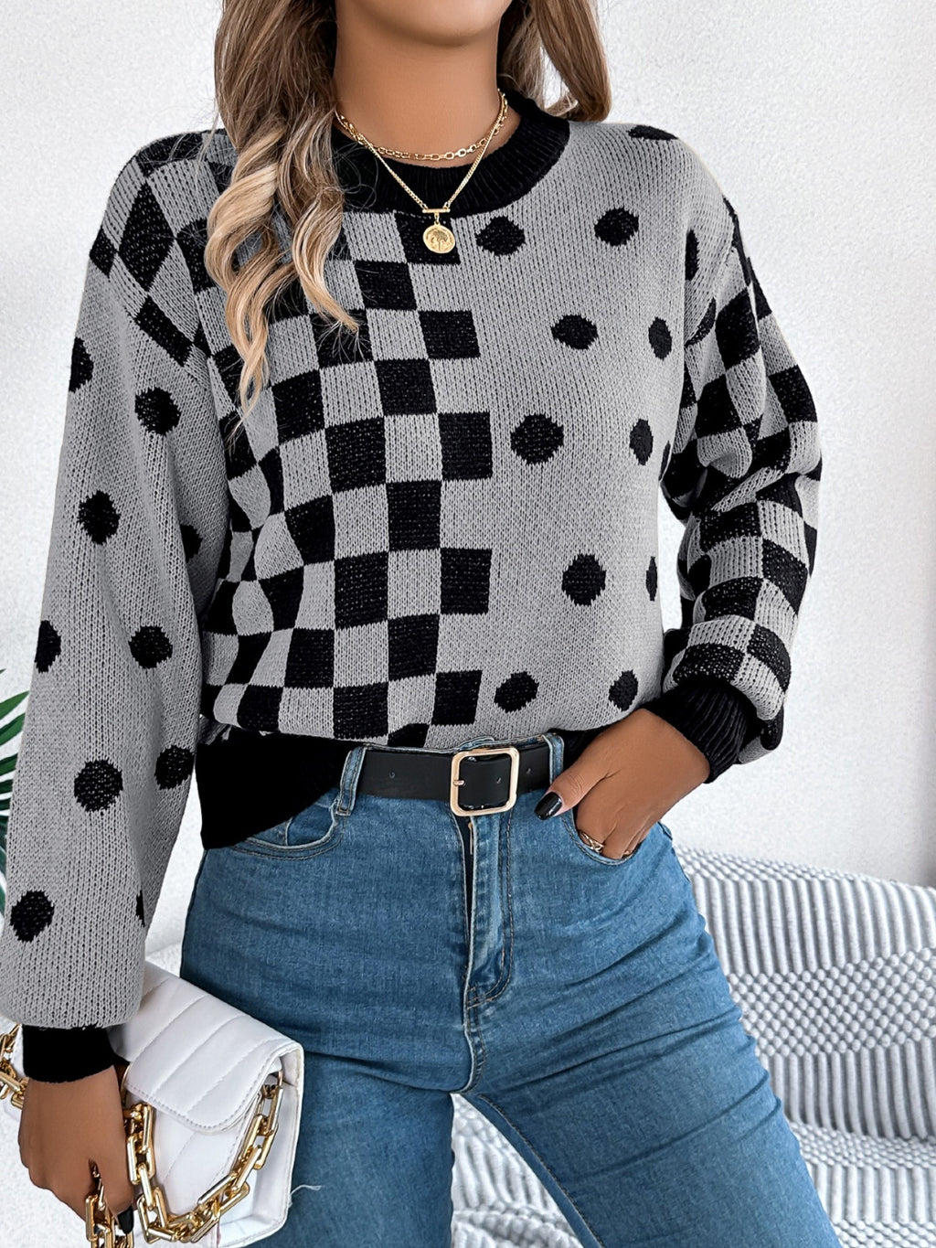 Plaid Round Neck Long Sleeve Sweater - Siennasass
