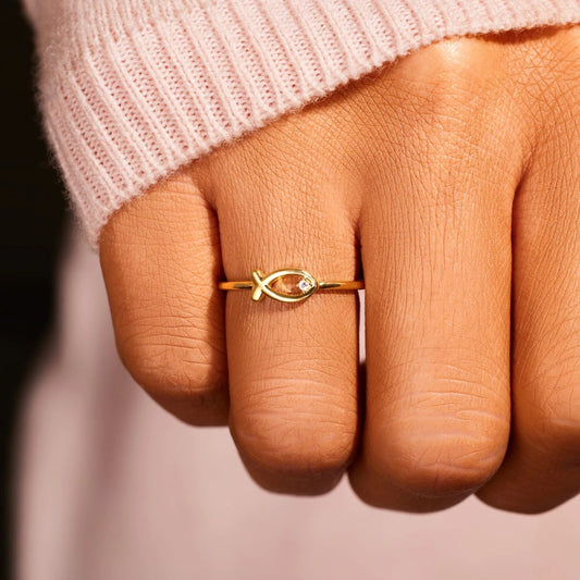 925 Sterling Silver Inlaid Zircon Fish Ring - Siennasass