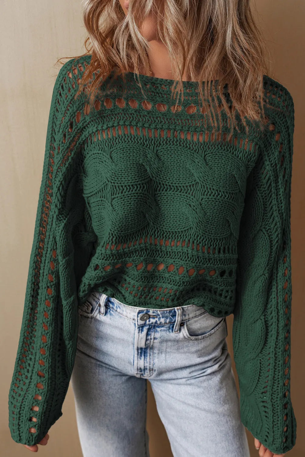 Cable-Knit Openwork Long Sleeve Sweater - Siennasass