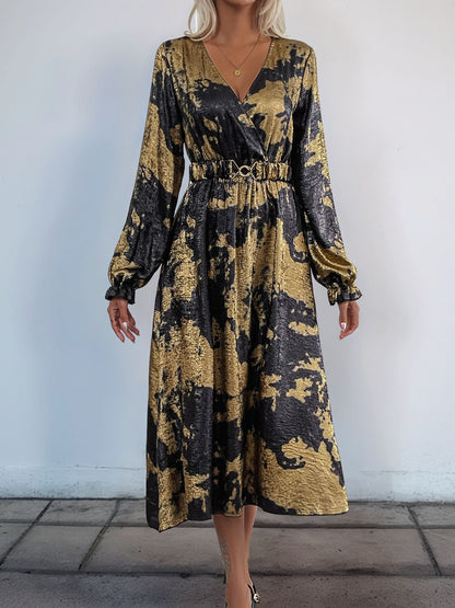 Perfee – Bedrucktes, langärmliges Midikleid mit Überwurf