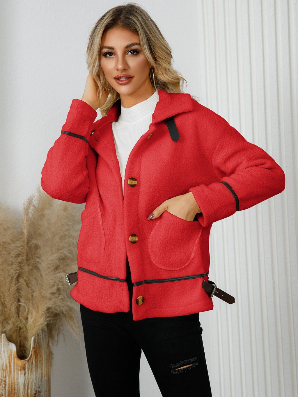 Pocketed Button Down Collared Neck Jacket - Siennasass