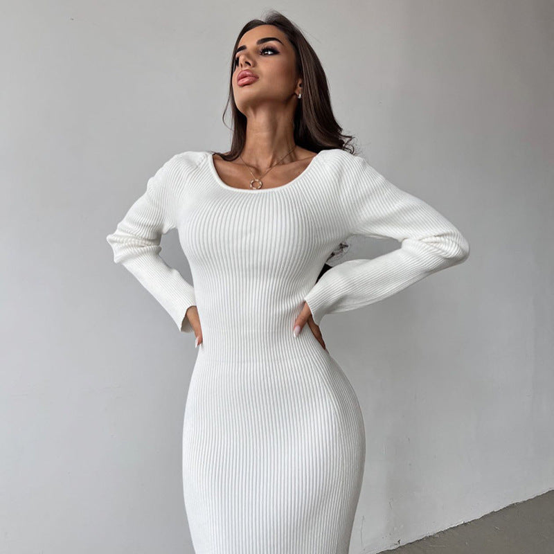 Einfarbiges, langärmliges, elegantes, schmal geschnittenes, hohles, rückenfreies Zwei-Wege-Kleid