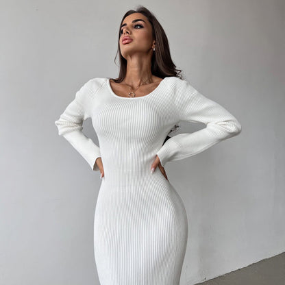 Einfarbiges, langärmliges, elegantes, schmal geschnittenes, hohles, rückenfreies Zwei-Wege-Kleid