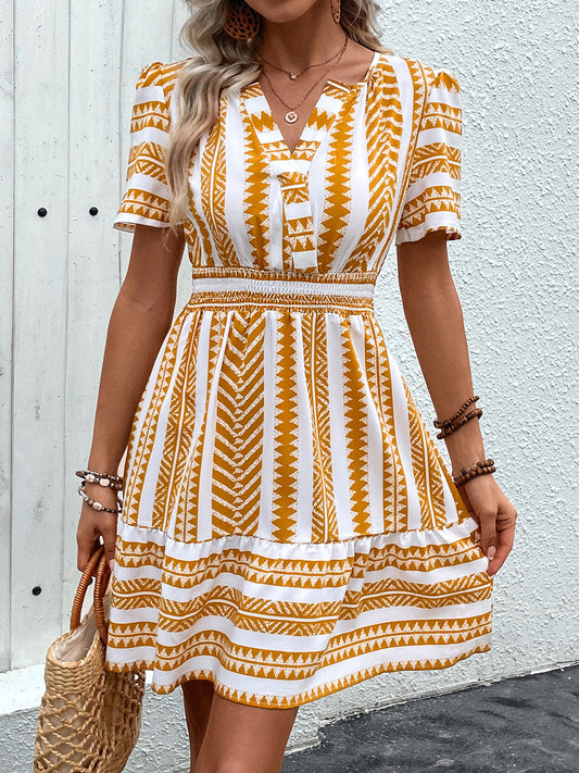 Geometric Notched Short Sleeve Mini Dress - Siennasass