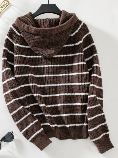 Striped Button Up Long Sleeve Hooded Cardigan - Siennasass