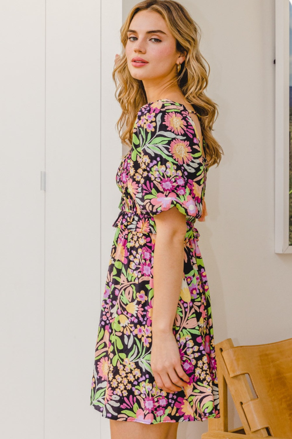 ODDI Full Size Floral Tie-Back Mini Dress - Siennasass