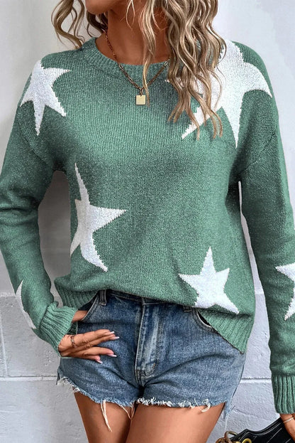 Star Round Neck Dropped Shoulder Sweater - Siennasass