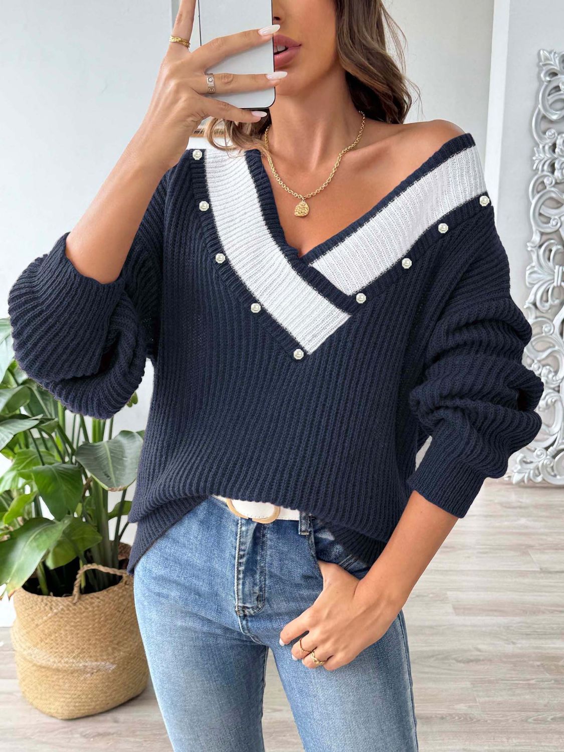 Contrast Trim Dropped Shoulder Long Sleeve Sweater - Siennasass