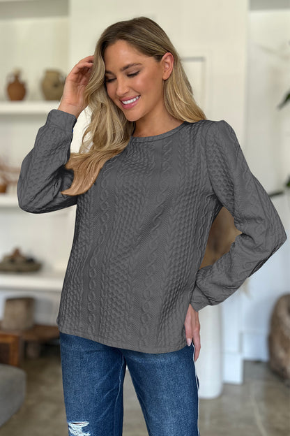 Textured Round Neck Long Sleeve Sweatshirt - Siennasass