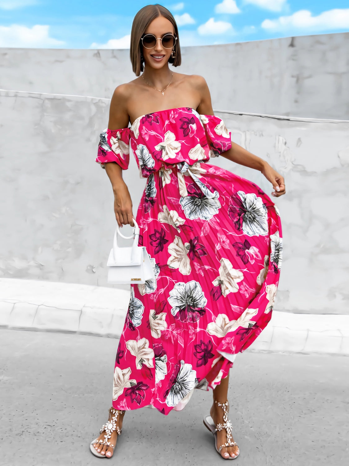 Pleated Floral Off-Shoulder Short Sleeve Midi Dress - Siennasass