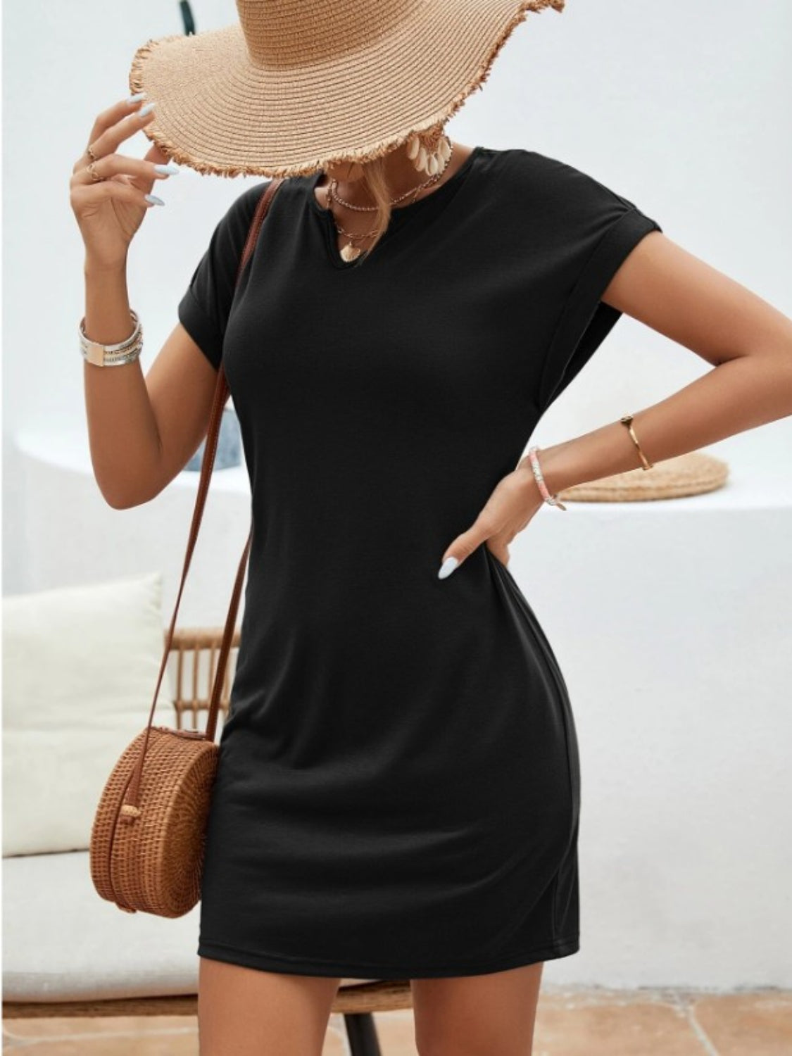 Notched Short Sleeve Mini Tee Dress - Siennasass