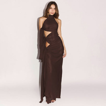Round Neck Halter Side Hollow Jumpsuit Long Dress