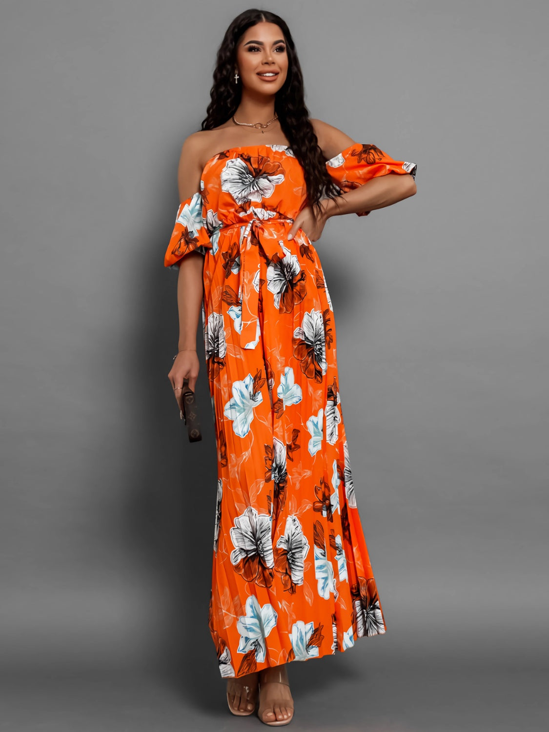 Pleated Floral Off-Shoulder Short Sleeve Midi Dress - Siennasass