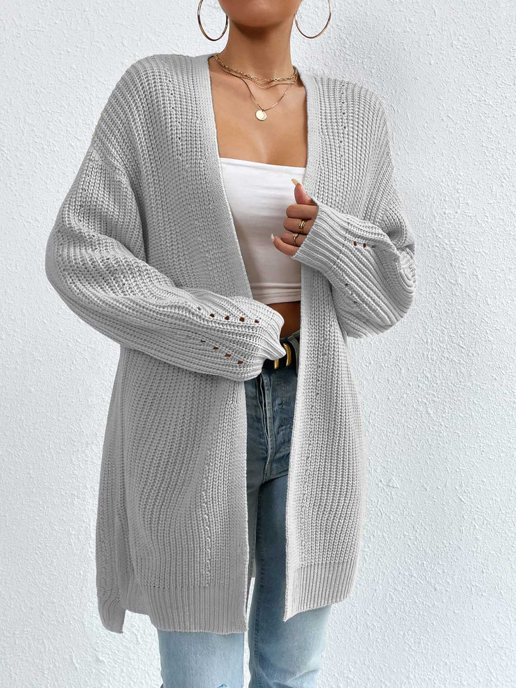 Open Front Dropped Shoulder Slit Cardigan - Siennasass