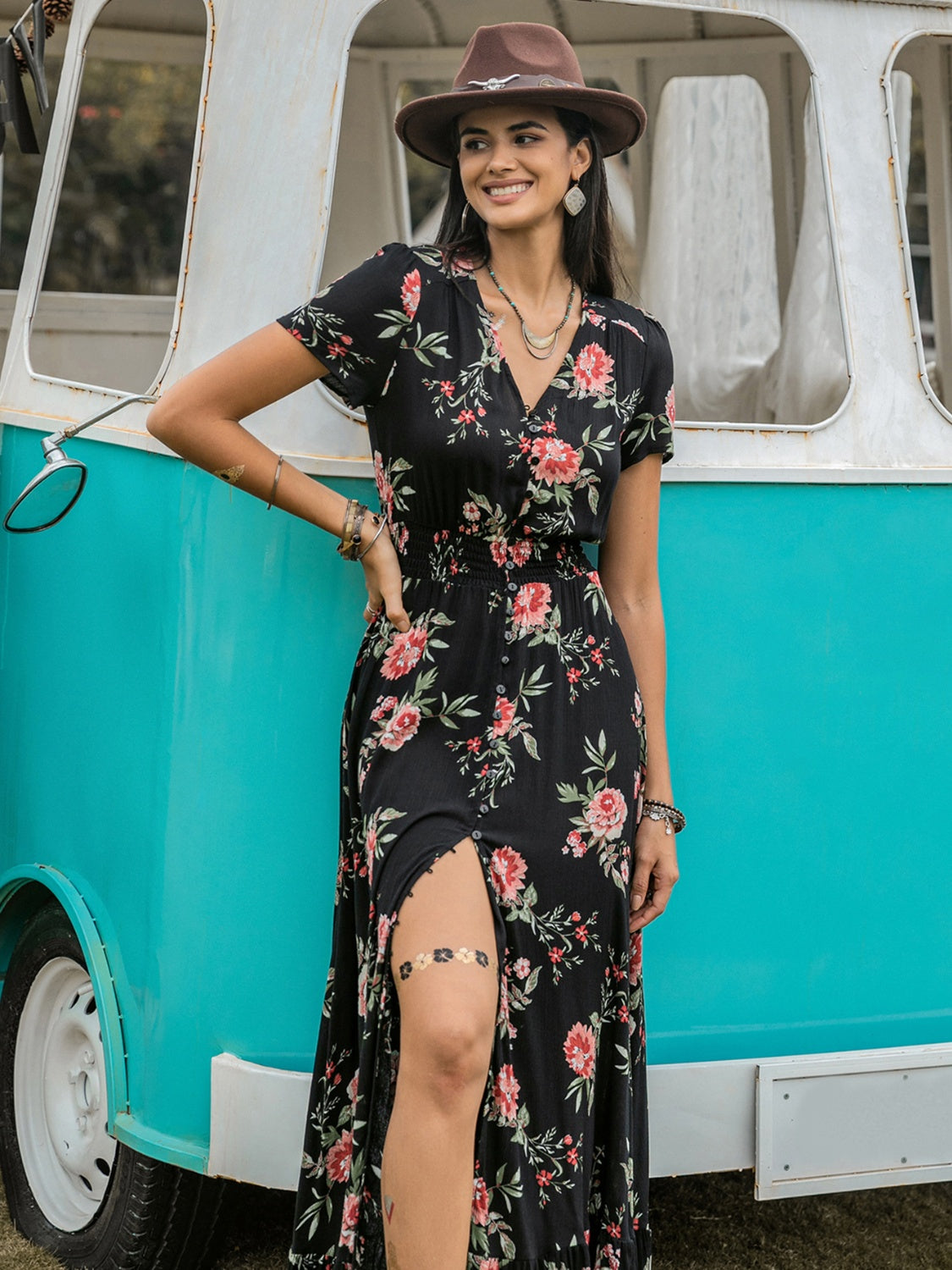 Split Printed V-Neck Short Sleeve Dress - Siennasass