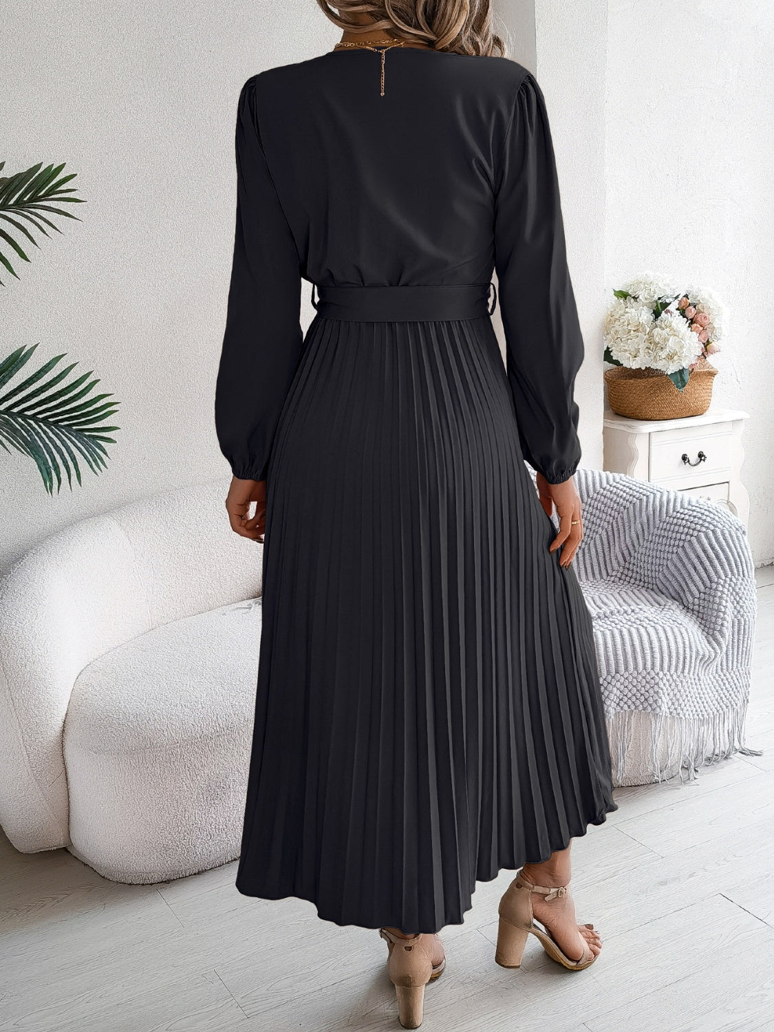 Pleated Tied V-Neck Long Sleeve Dress - Siennasass