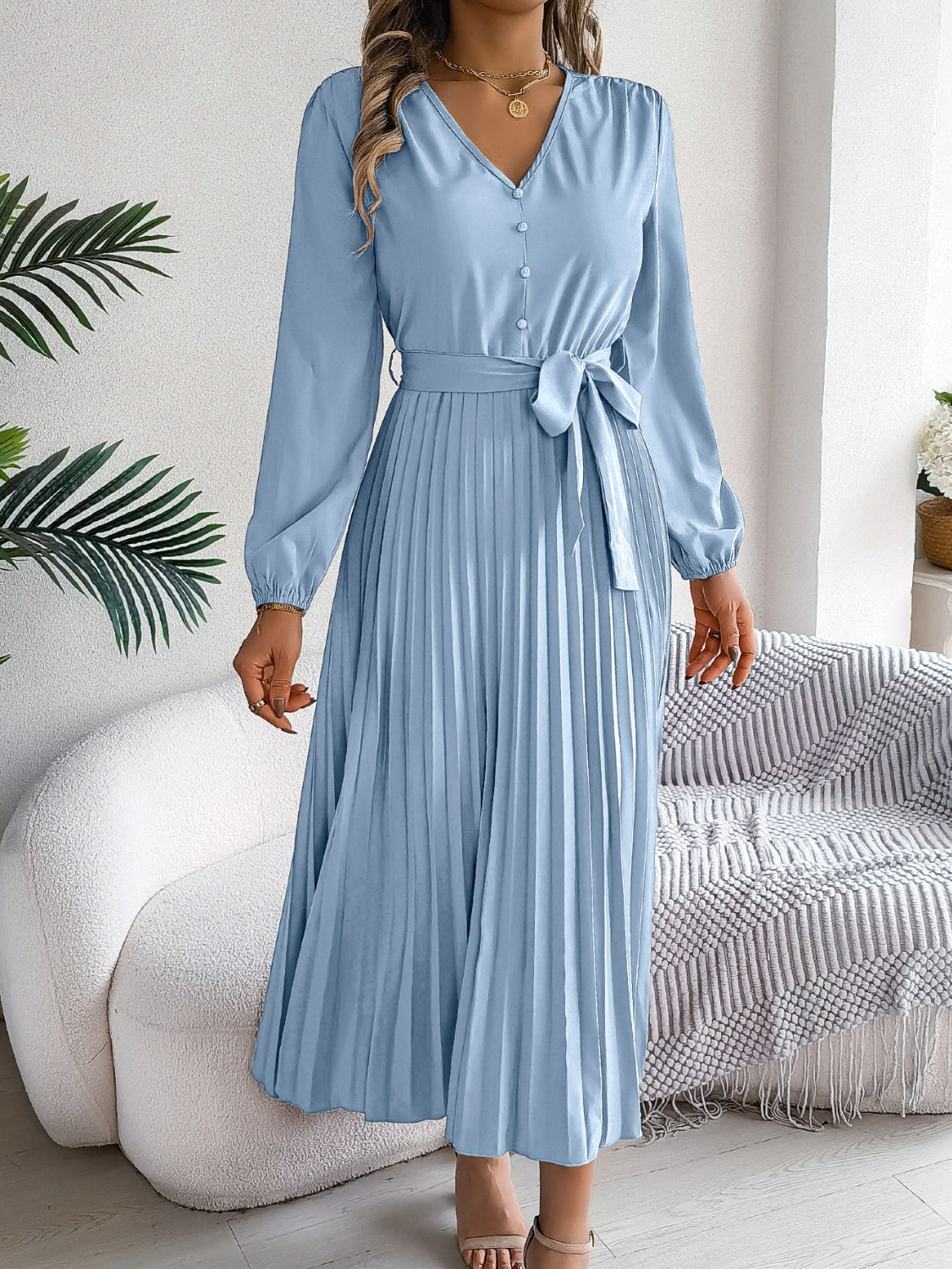 Pleated Tied V-Neck Long Sleeve Dress - Siennasass