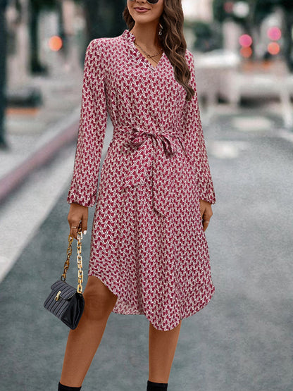 Tied Printed Notched Balloon Sleeve Dress - Siennasass