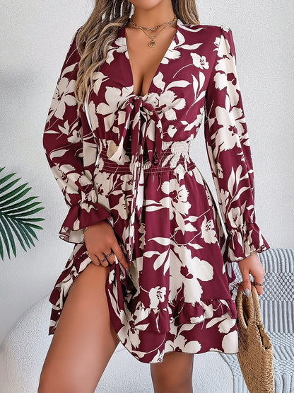 Tied Ruffled Printed Long Sleeve Dress - Siennasass