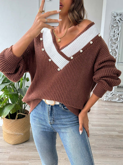 Contrast Trim Dropped Shoulder Long Sleeve Sweater - Siennasass
