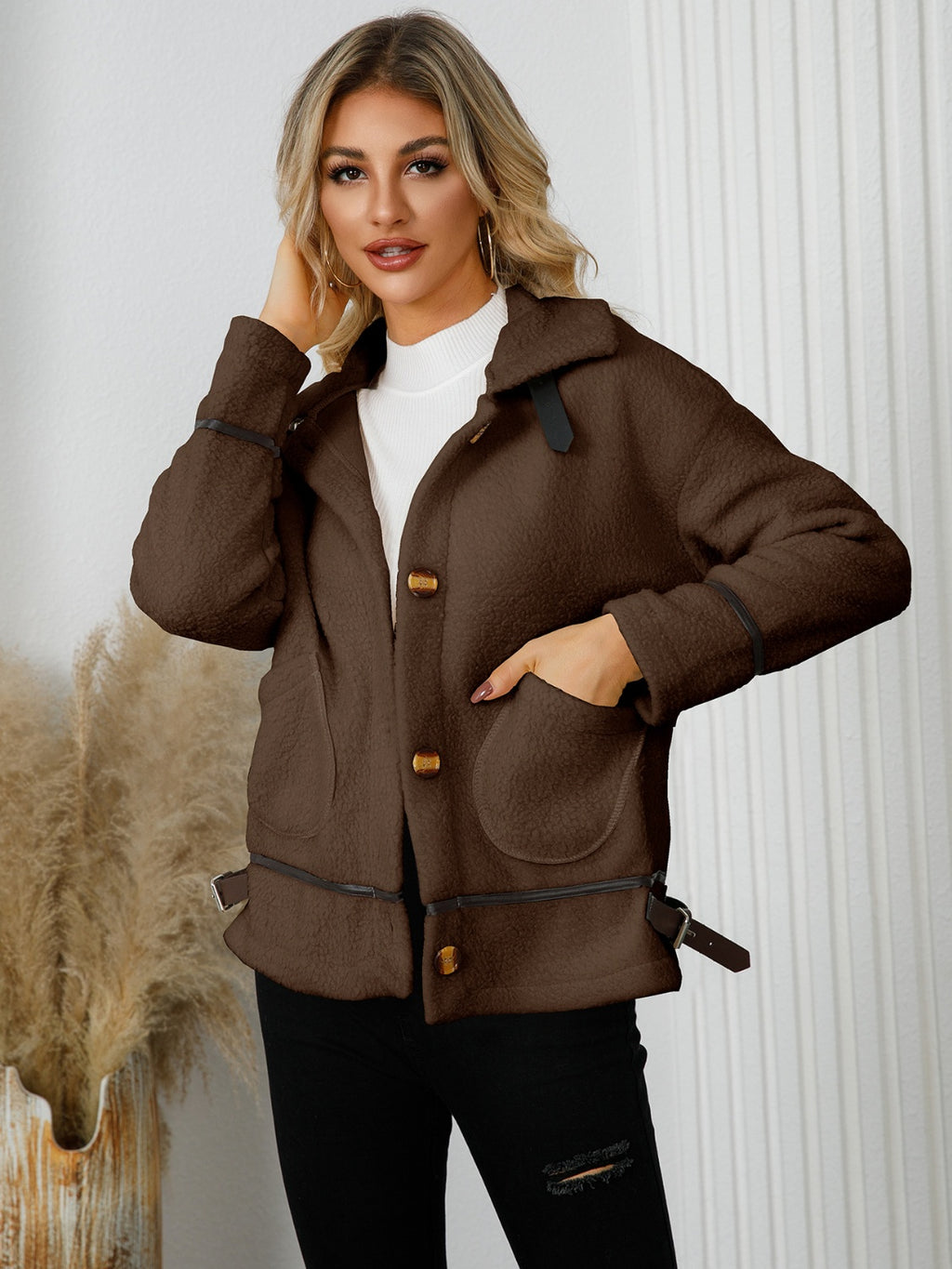Pocketed Button Down Collared Neck Jacket - Siennasass