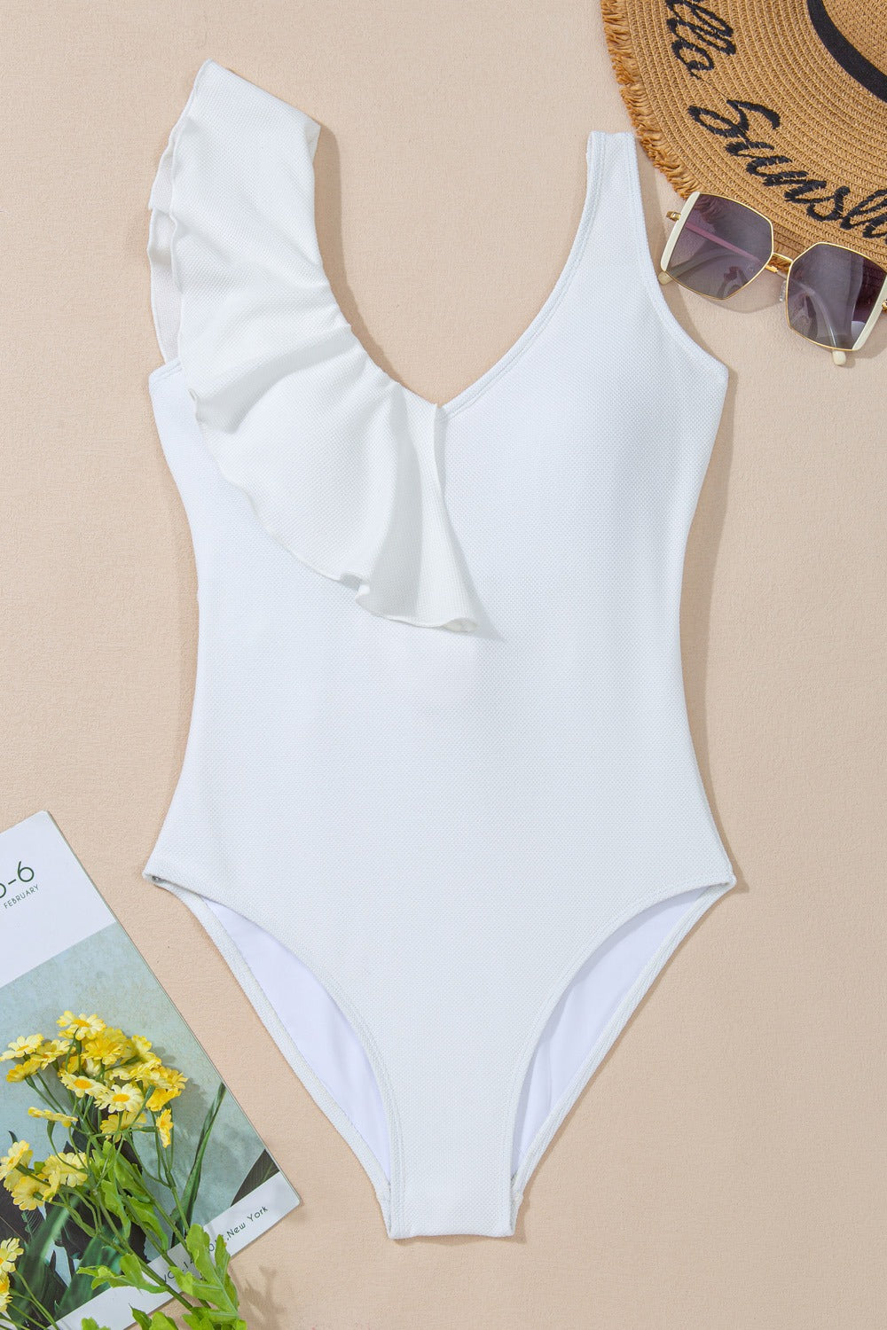 Ruffled V-Neck Wide Strap One-Piece Swimwear - Siennasass