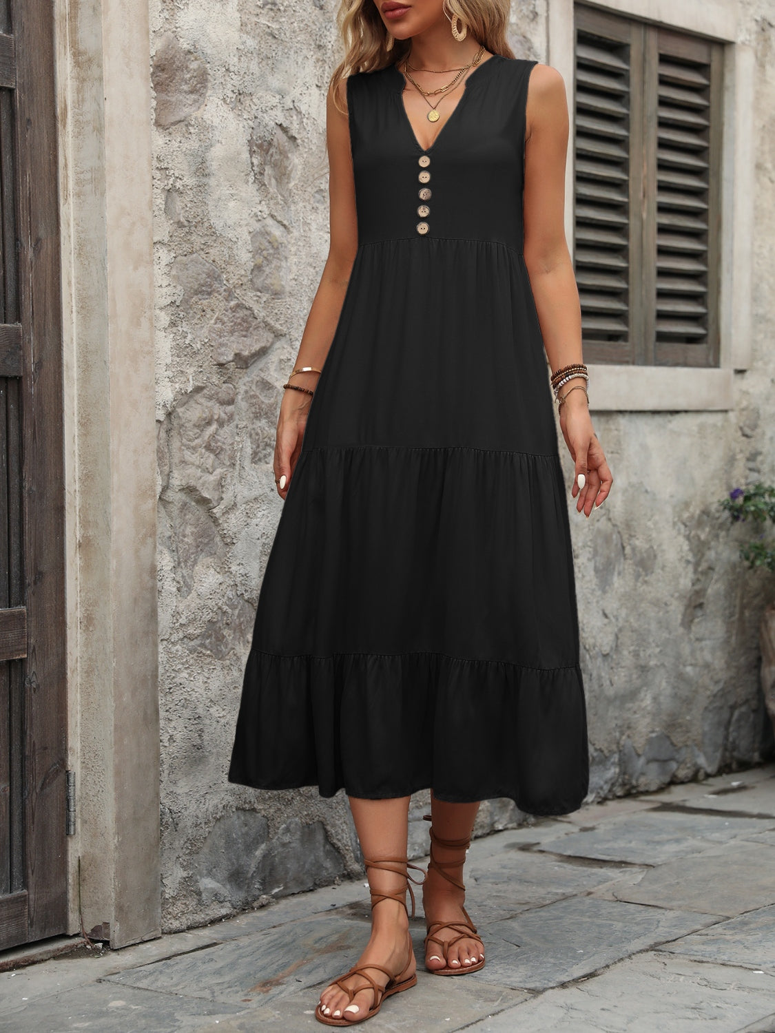 Decorative Button Notched Sleeveless Dress - Siennasass