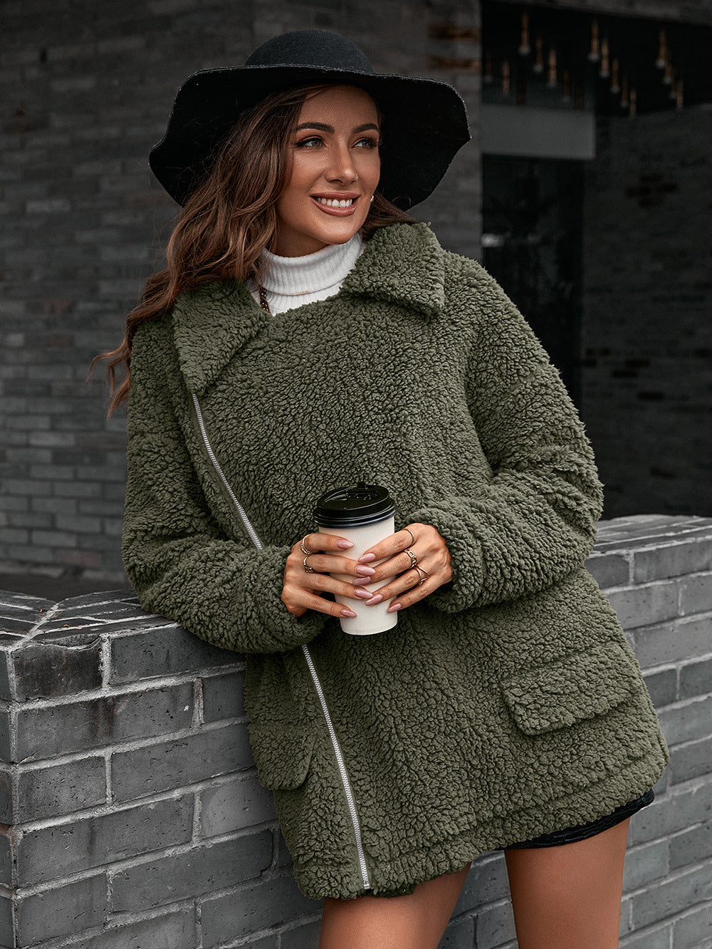 Zip-Up Collared Teddy Jacket - Siennasass