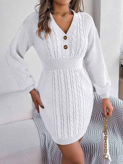 Buttoned Cable-Knit V-Neck Sweater Dress - Siennasass