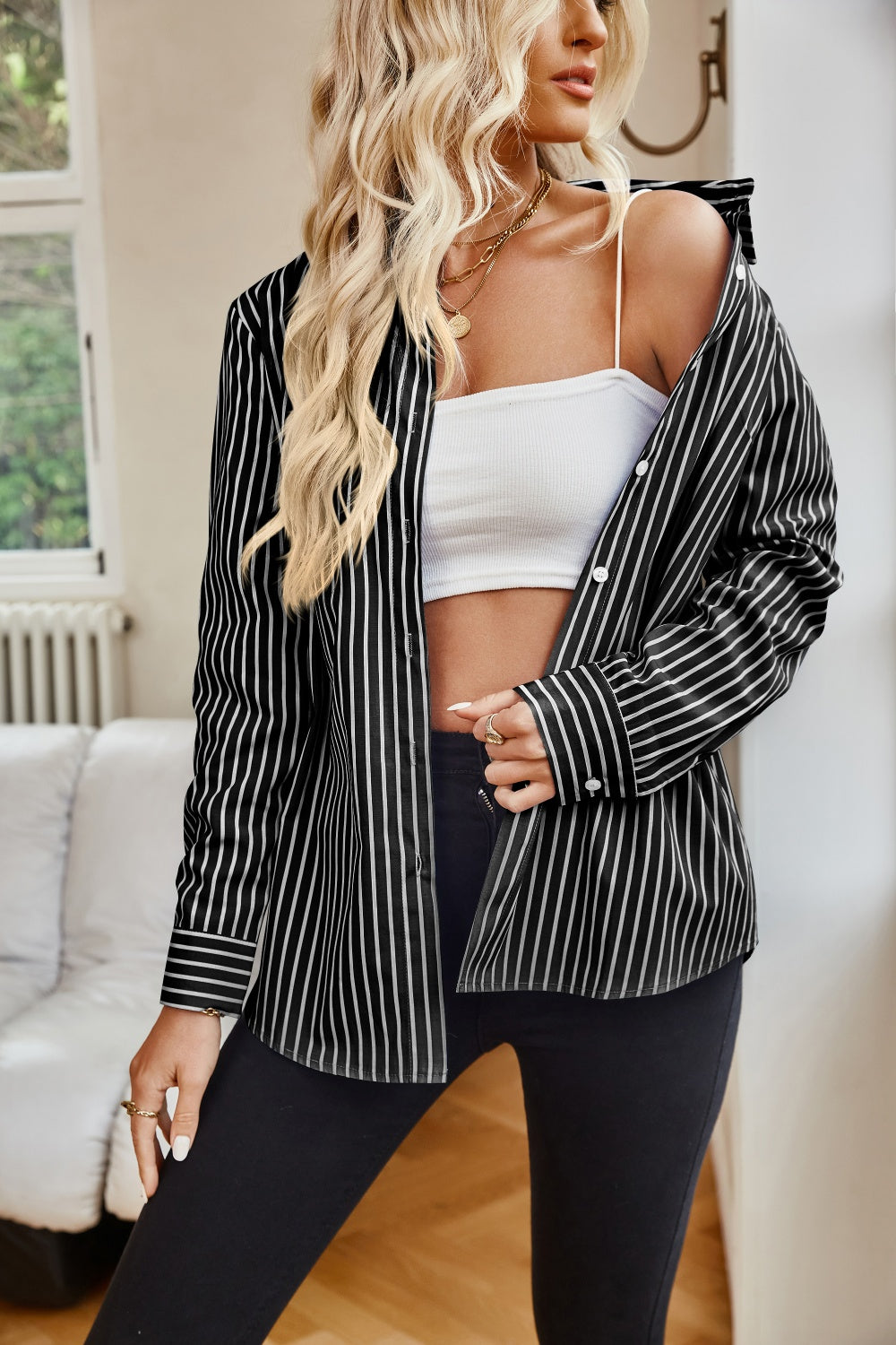 Striped Button Up Long Sleeve Shirt - Siennasass