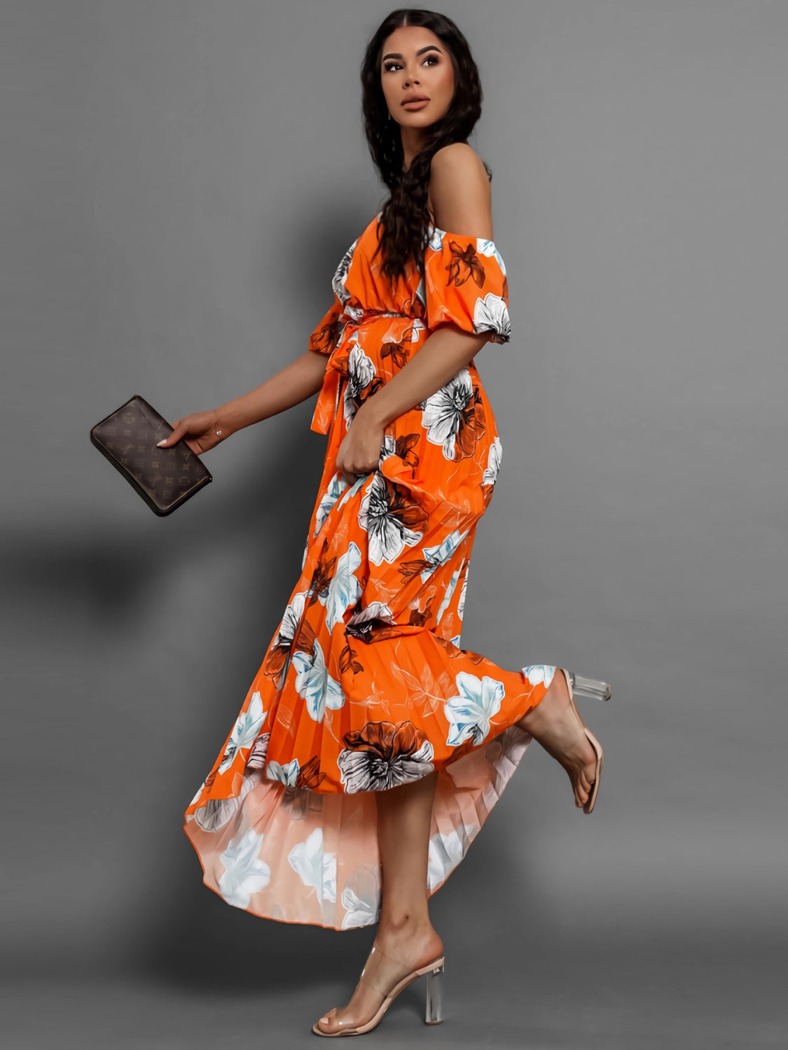 Pleated Floral Off-Shoulder Short Sleeve Midi Dress - Siennasass