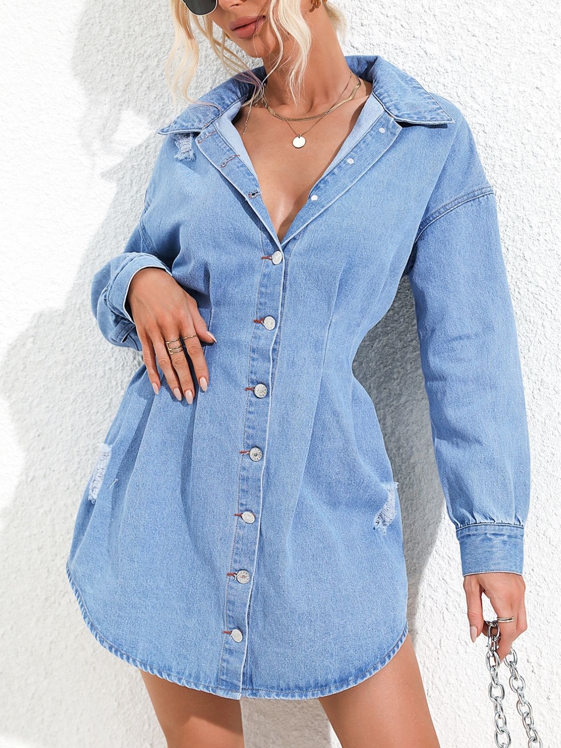 Distressed Button Up Long Sleeve Denim Dress - Siennasass